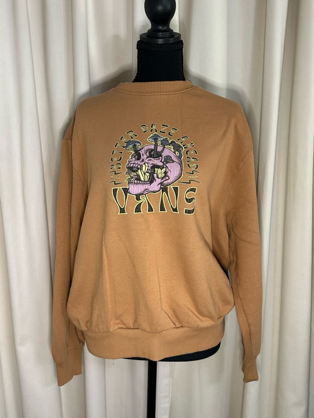 Vans Tan Crewneck Sweatshirt with Pink Skull Graphic